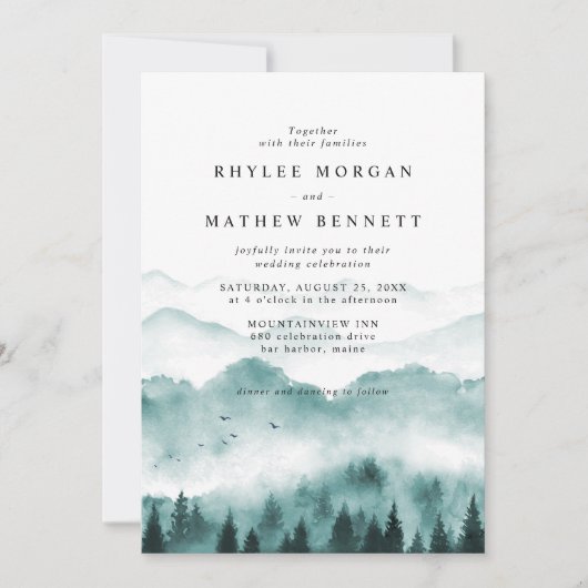 Invitation Mariage rustique Watercolor Mountain (Devant)