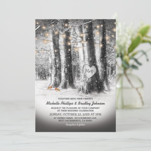 Invitation Mariage Rustique Winter Tree & String Lights (Debout devant)