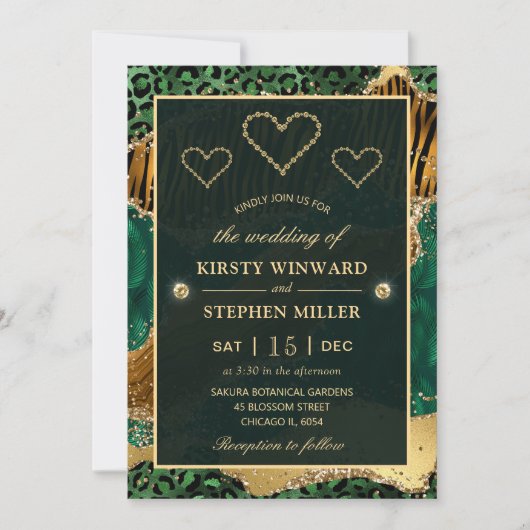 Invitation Mariage Safari Jungle Vert Glitter Agate (Devant)