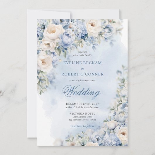 Invitation Mariage sage aux fleurs bleues et blanches poussié (Devant)
