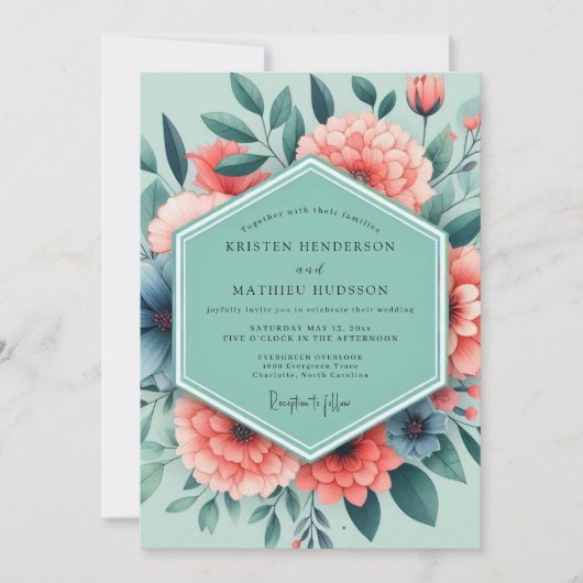 Invitation Mariage Sage Corail Vivid Bloom (Devant)