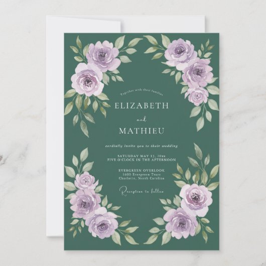 Invitation Mariage Sage Feuille Peinte Lilas (Devant)