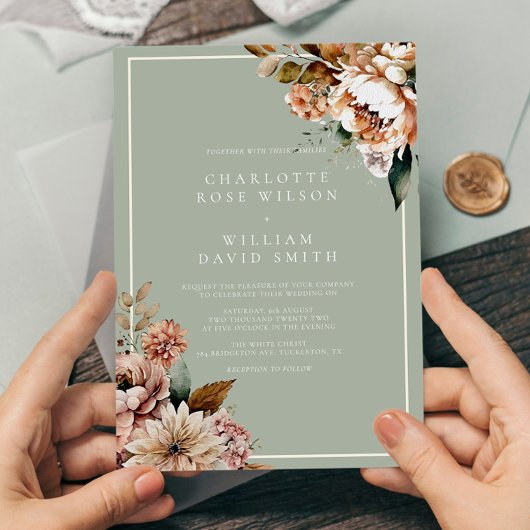 Invitation Mariage Sage Green et Rose Gold Elegant Flowers
