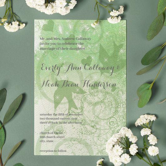 Invitation Mariage Sage Green Woodland Birds & Swirls