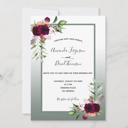 Invitation Mariage Sage vert bordeaux bogo florales (Devant)