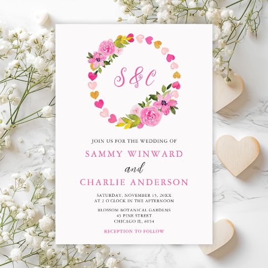 Invitation Mariage Saint-Valentin Cœurs Roses et Or