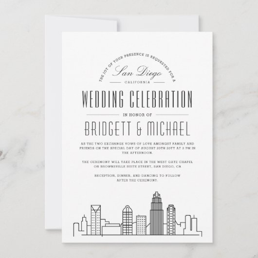 Invitation Mariage San Diego | Ligne Skyline Ville Déco Moder (Devant)