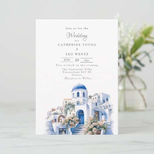 Invitation Mariage Santorin bleu et blanc (Debout devant)