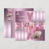 Invitation Mariage Satin Rose Ruban Rayure Argentée (Devant / Derrière)