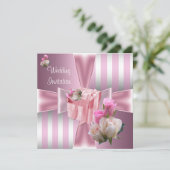 Invitation Mariage Satin Rose Ruban Rayure Argentée (Debout devant)