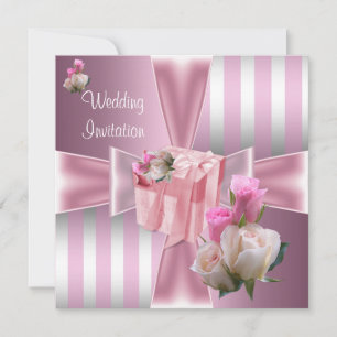 Invitation Mariage Satin Rose Ruban Rayure Argentée