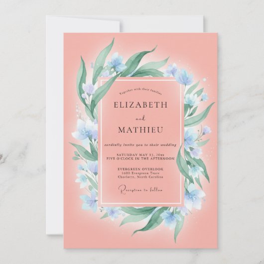 Invitation Mariage Saumon Azur Feuillage Eucalyptus (Devant)