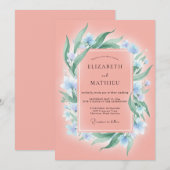 Invitation Mariage Saumon Azur Feuillage Eucalyptus (Devant / Derrière)
