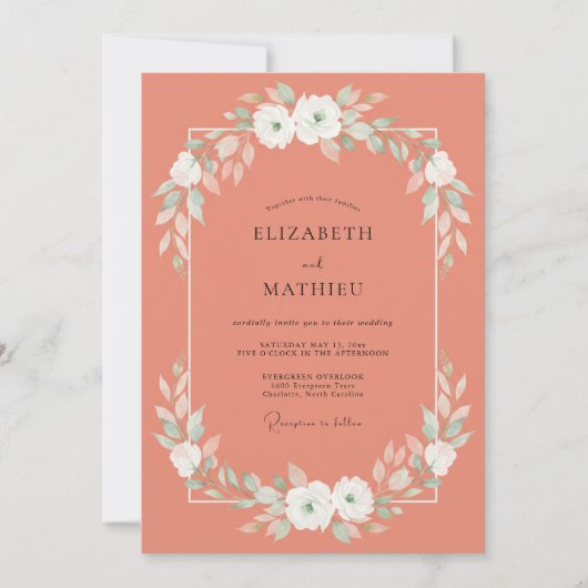 Invitation Mariage Saumon Blanc Ranunculus Eucalyptus (Devant)