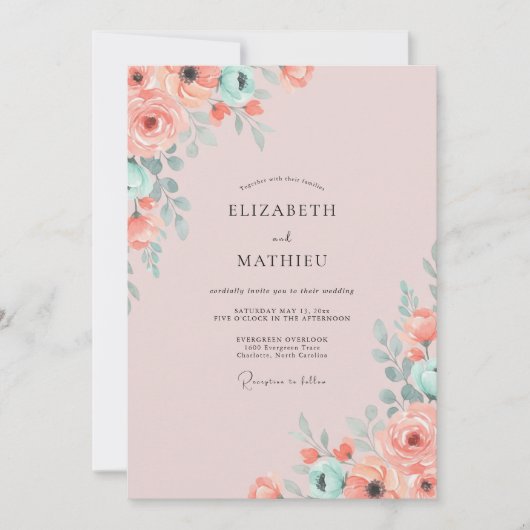 Invitation Mariage Saumon Feuillage de Menthe Eucalyptus (Devant)