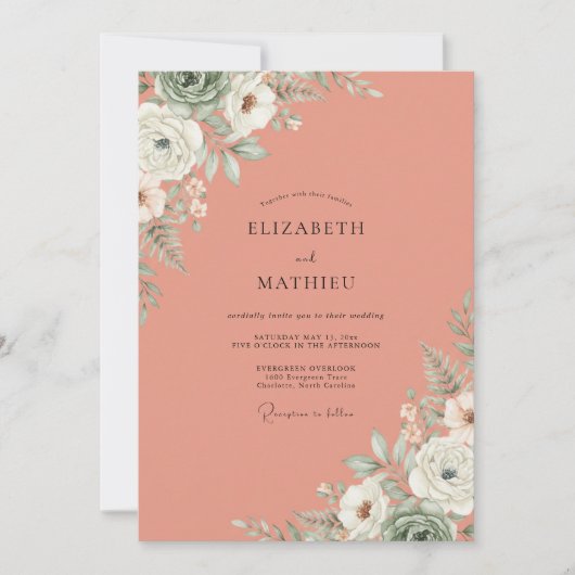 Invitation Mariage Saumon Fleur Blanche (Devant)