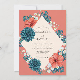 Invitation Mariage Saumon Hibiscus Eucalyptus Tropical