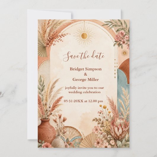 Invitation Mariage sauvage rustique Boho Pampas (Devant)