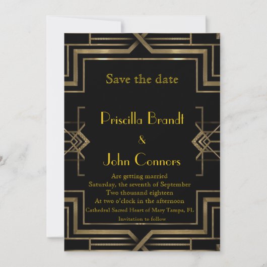 Invitation Mariage, Sauvegarder la date, noir et or, Gatsby l (Devant)