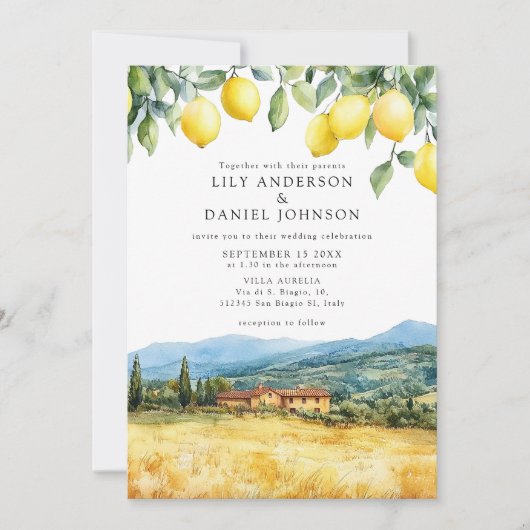 Invitation Mariage Scène toscane italienne Code QR Citrons (Devant)