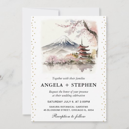 Invitation Mariage scénique japonais à l'aquarelle avec Fuji (Devant)