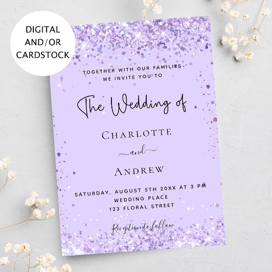 Invitation Mariage script confettis lavande violette