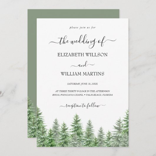 Invitation Mariage Script de la forêt de pins d'aquarelle de (Devant / Derrière)