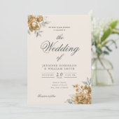 Invitation Mariage Script Élégant Floral Rustique Naturel Or (Debout devant)
