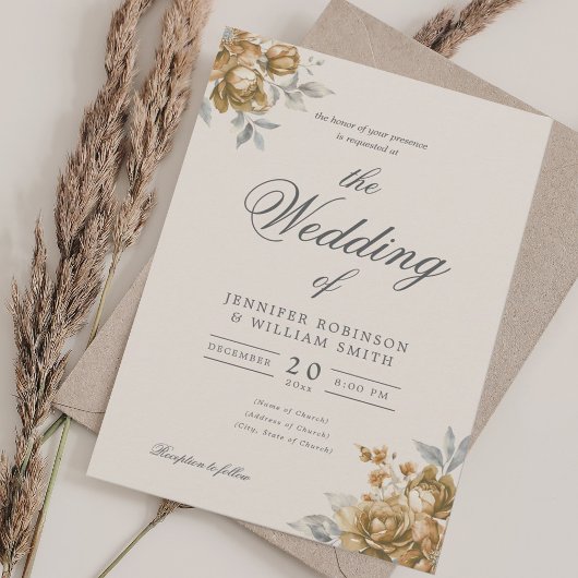 Invitation Mariage Script Élégant Floral Rustique Naturel Or