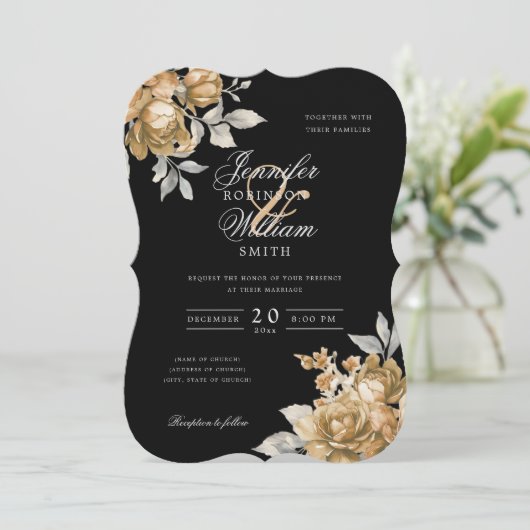 Invitation Mariage Script Or Naturel Floral Rustique Noir  (Debout devant)