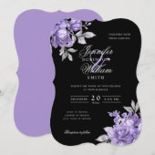 Invitation Mariage Script Violet Rustique Floral Noir (Devant / Derrière)