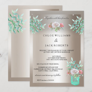 Invitation Mariage Sépia Bleu Canard Floral Bocal Rose Pâle