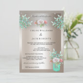 Invitation Mariage Sepia Turquoise Floral Mason Jar Rose (Debout devant)