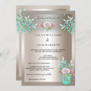 Invitation Mariage Sepia Turquoise Floral Mason Jar Rose