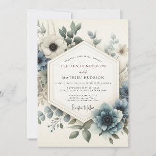 Invitation Mariage Sérénité Bleu Poussiéreux en Fleurs