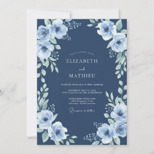 Invitation Mariage Sérénité Floral Bleu Marine