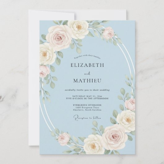 Invitation Mariage Sérénité Rose Bleu Clair (Devant)
