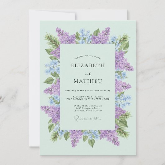 Invitation Mariage Sérénité Vert Menthe Lilas (Devant)