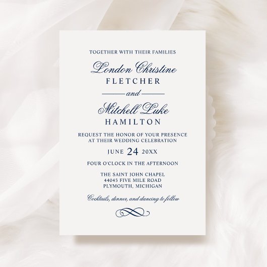 Invitation Mariage Serif Classique Bleu Marine