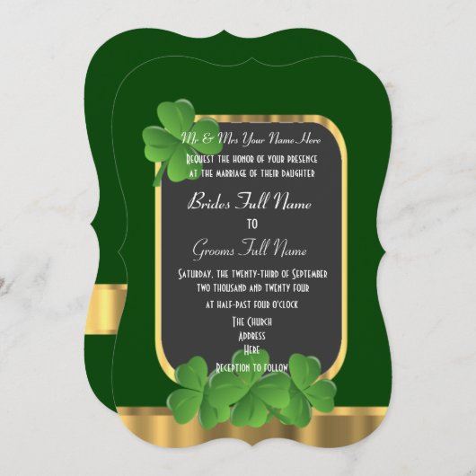 Invitation mariage shamrock irlandais vert (Devant / Derrière)