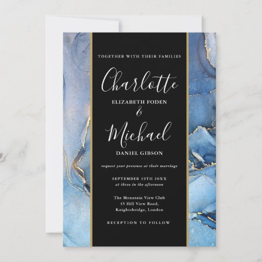 Invitation Mariage Signature Script Noir Et Or Agate Bleue (Devant)