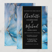 Invitation Mariage Signature Script Noir Et Or Agate Bleue (Devant / Derrière)