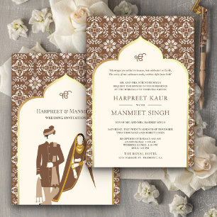 Invitation Mariage Sikh Anand Karaj avec motif marron ivoire