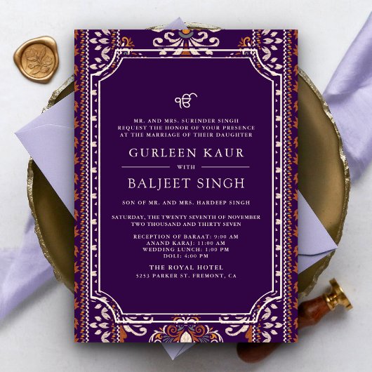 Invitation Mariage Sikh Anand Karaj Ikat Violet foncé Jaune