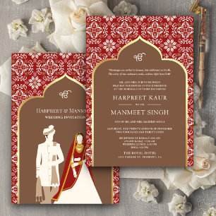 Invitation Mariage Sikh Anand Karaj motif ivoire rouge marron