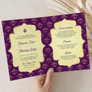 Invitation Mariage Sikh Anand Karaj Orné Or Royal Purple et O