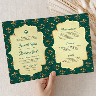 Invitation Mariage Sikh Anand Karaj Orné Or Teal Doré Vintage
