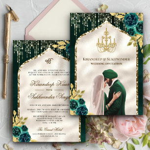 Invitation Mariage Sikh Anand Karaj vert émeraude or floral