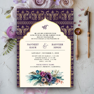 Invitation Mariage Sikh Anand Karaj Violet Ivoire Paon