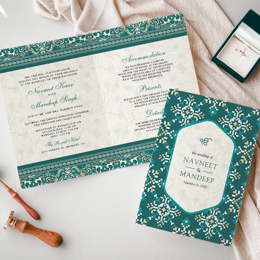 Invitation Mariage Sikh au point de croix sarcelle tout-en-un